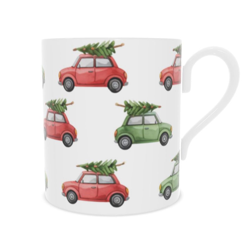 Vintage Style Mini Cars and Christmas Trees Bone China Mug - Gift for Car Lovers