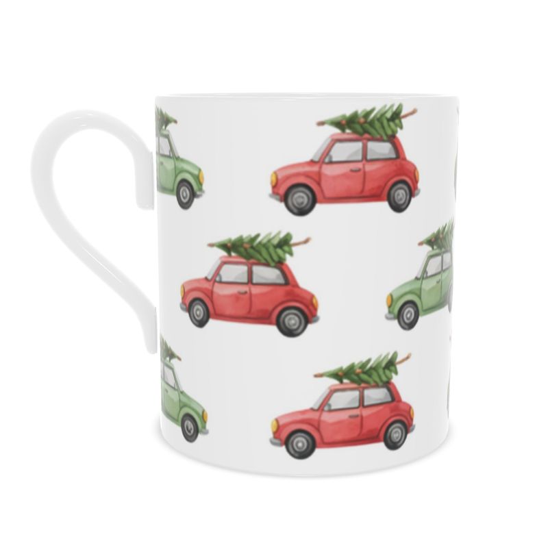 Vintage Style Mini Cars and Christmas Trees Bone China Mug - Gift for Car Lovers
