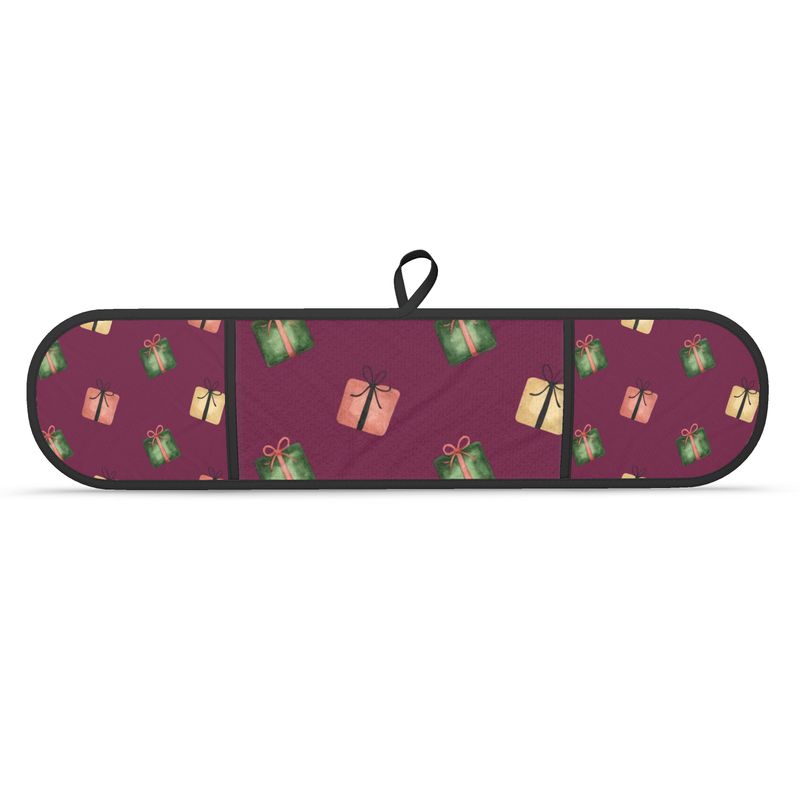 Burgundy Christmas Present Double Oven Gloves - Festive Kitchen Decor