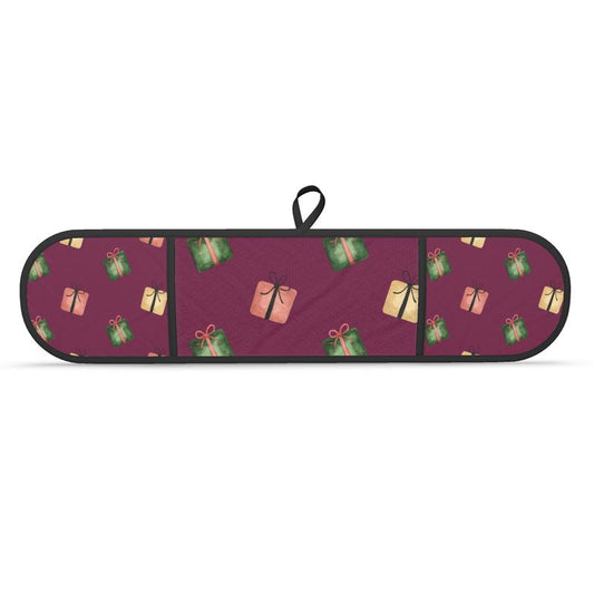 Burgundy Christmas Present Double Oven Gloves - Festive Kitchen Decor
