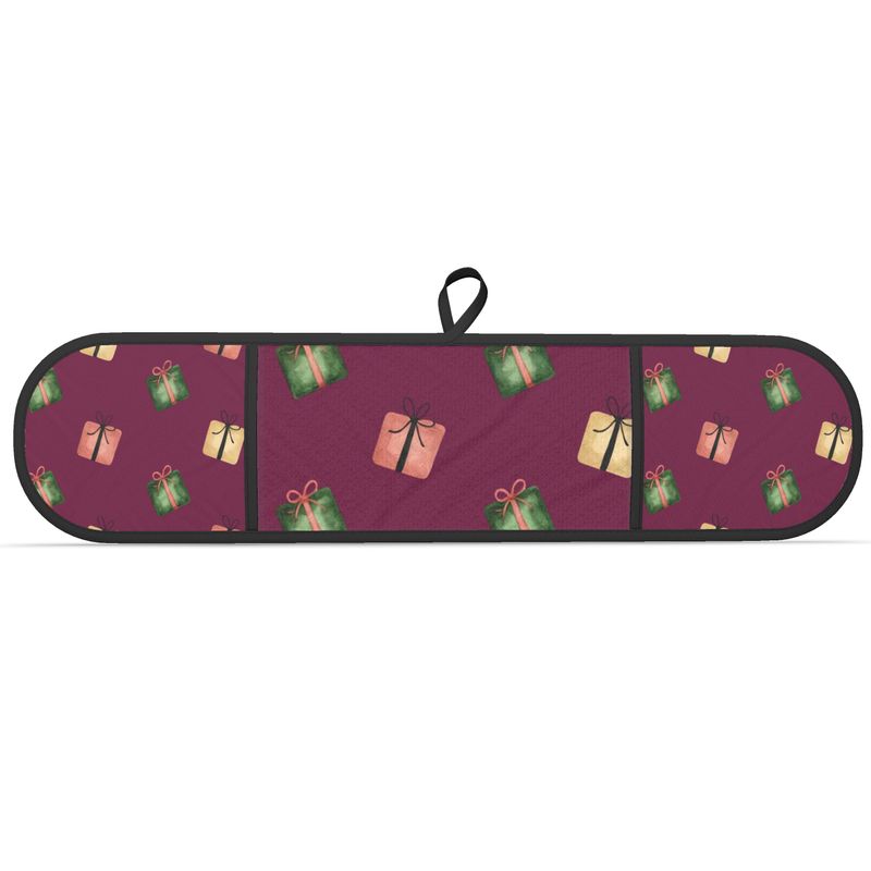 Burgundy Christmas Present Double Oven Gloves - Festive Kitchen Decor