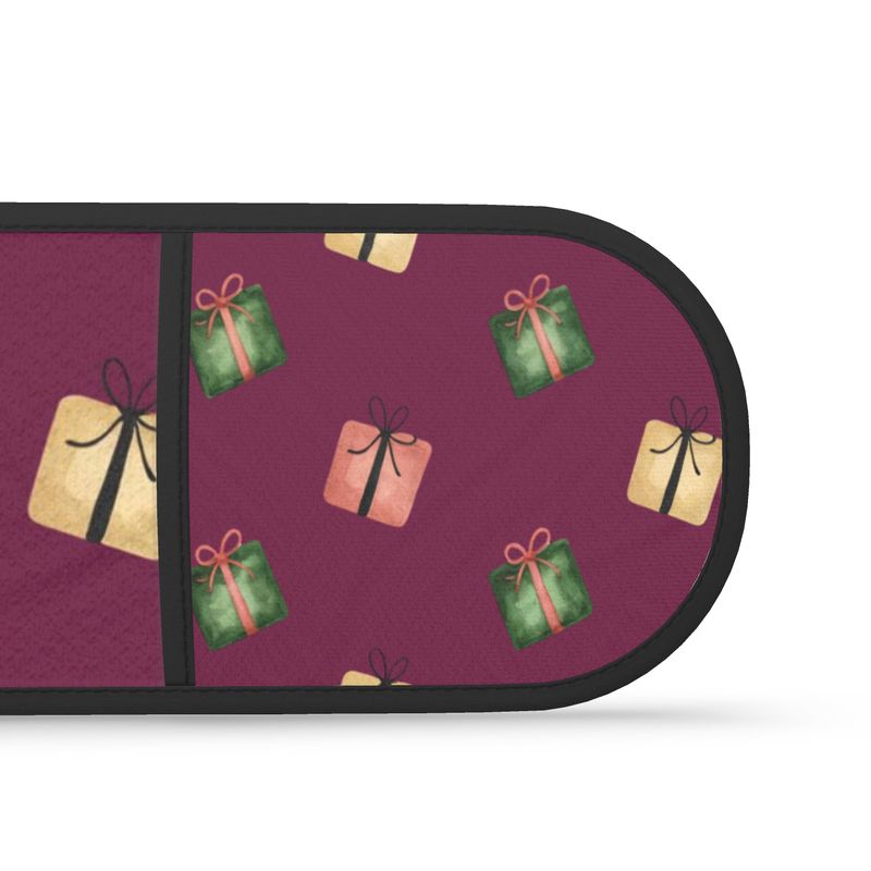 Burgundy Christmas Present Double Oven Gloves - Festive Kitchen Decor