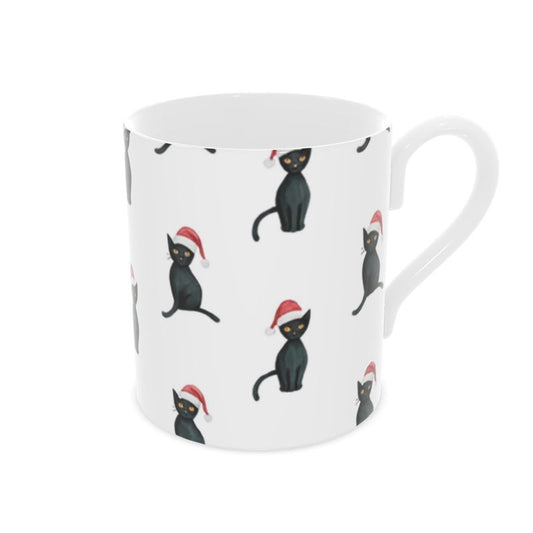 Christmas Black Cat Bone China Mug - Whimsical Holiday Gift