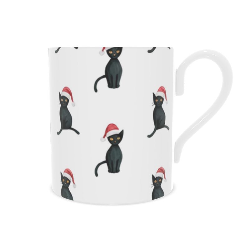 Christmas Black Cat Bone China Mug - Whimsical Holiday Gift