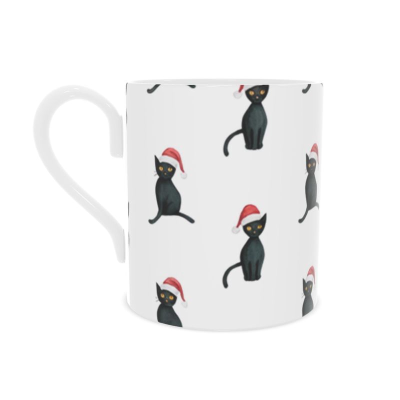 Christmas Black Cat Bone China Mug - Whimsical Holiday Gift