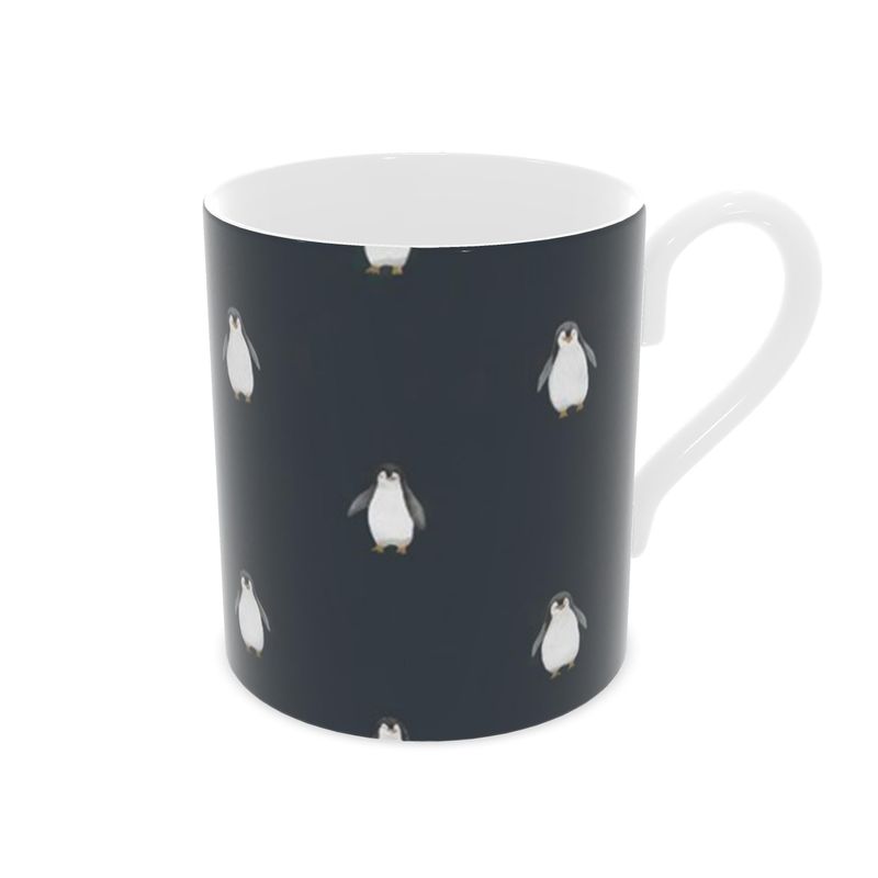 Cute Christmas Penguins Mug, Navy Blue Bone China - Gift for Penguin Lovers
