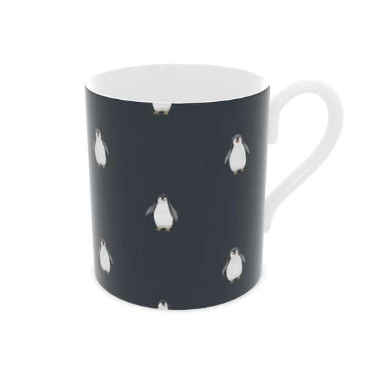 Cute Christmas Penguins Mug, Navy Blue Bone China - Gift for Penguin Lovers