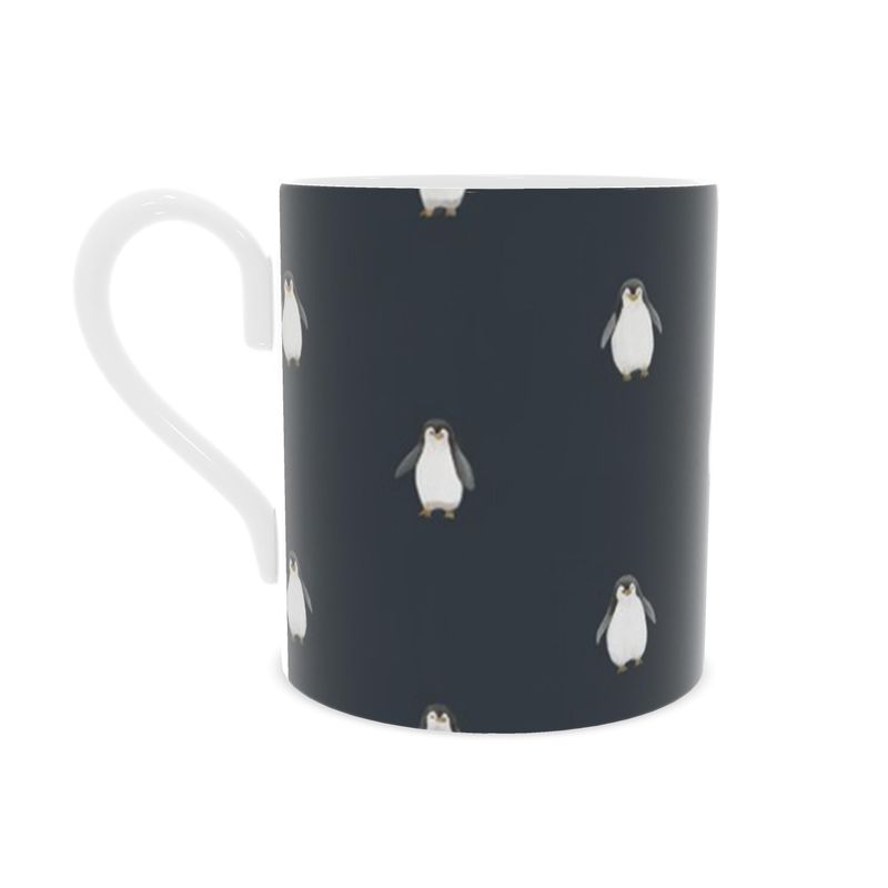 Cute Christmas Penguins Mug, Navy Blue Bone China - Gift for Penguin Lovers