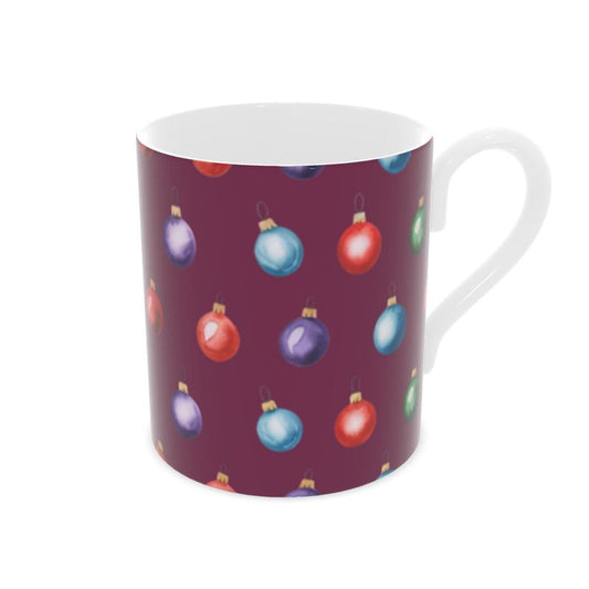 Burgundy Christmas Baubles Bone China Mug - Holiday Tea Cup