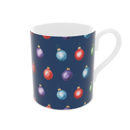 Navy Christmas Baubles Bone China Mug - Festive Holiday Cup
