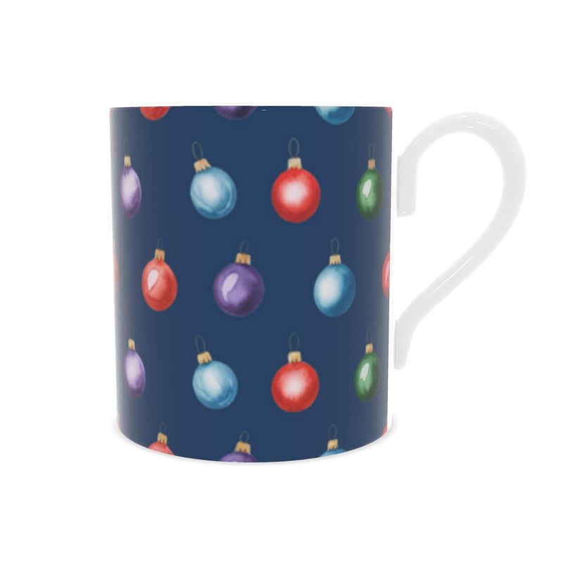 Navy Christmas Baubles Bone China Mug - Festive Holiday Cup