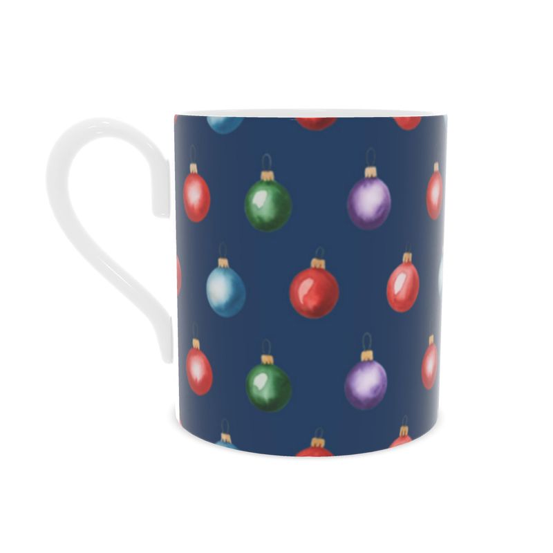 Navy Christmas Baubles Bone China Mug - Festive Holiday Cup