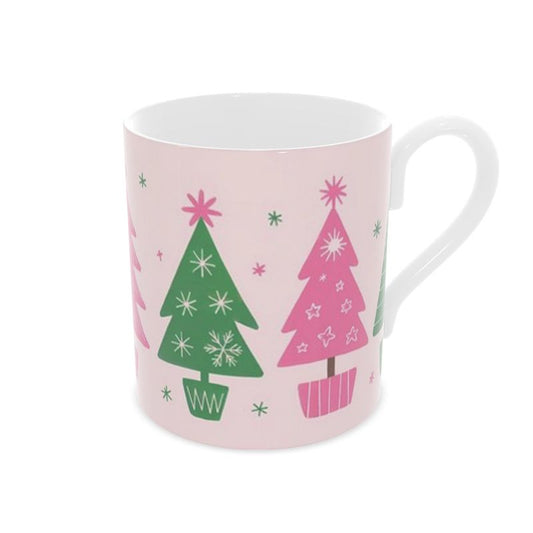 Festive Christmas Mug in Pink Bone China with One-of-a-Kind Tree Design
