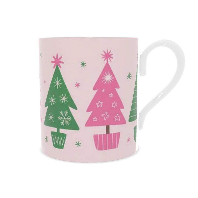 Festive Christmas Mug in Pink Bone China with One-of-a-Kind Tree Design