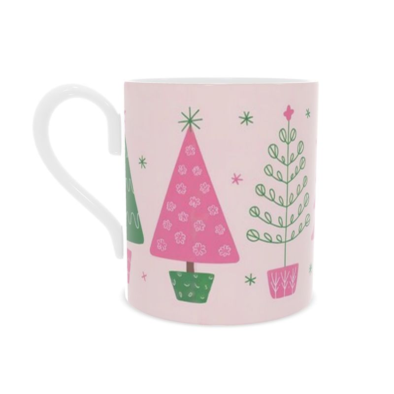 Festive Christmas Mug in Pink Bone China with One-of-a-Kind Tree Design