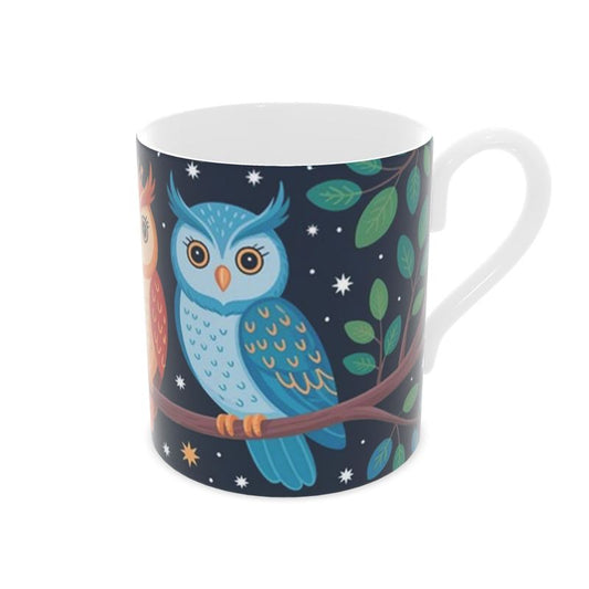 Whimsical Owls Coffee Mug - Festive Bird Design on Bone China