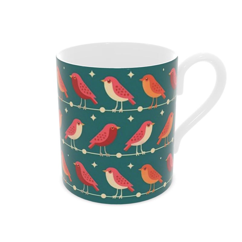 Festive Green Bone China Mug with Luxury Christmas Robins - Holiday Tableware