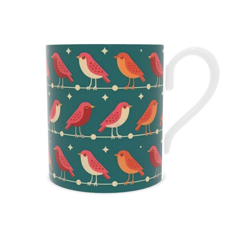 Festive Green Bone China Mug with Luxury Christmas Robins - Holiday Tableware