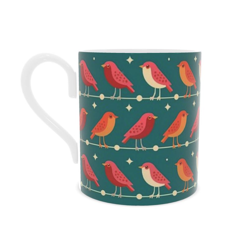 Festive Green Bone China Mug with Luxury Christmas Robins - Holiday Tableware