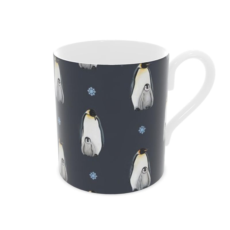 Christmas Penguins Navy Bone China Mug - Holiday Gift for Penguin Lovers