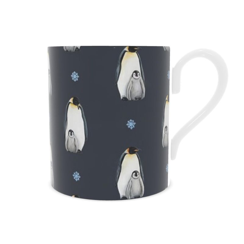 Christmas Penguins Navy Bone China Mug - Holiday Gift for Penguin Lovers