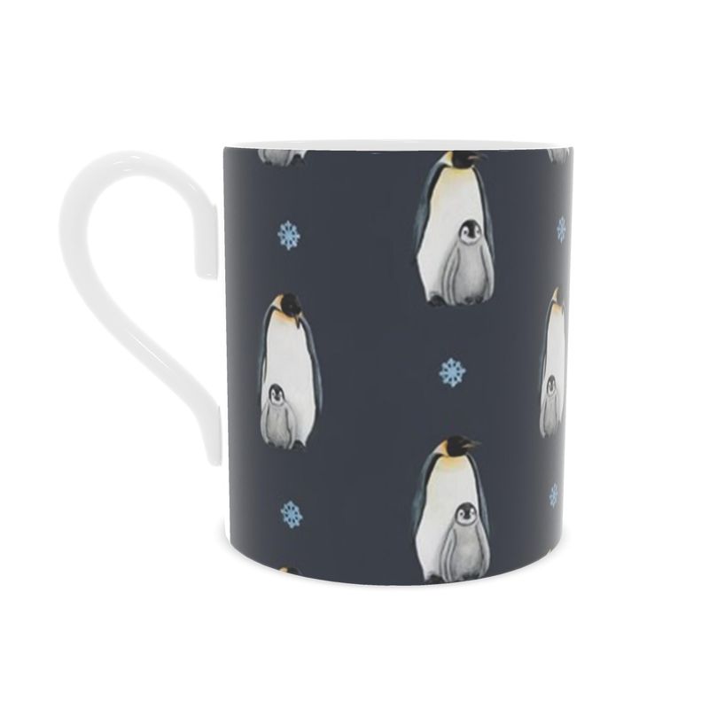 Christmas Penguins Navy Bone China Mug - Holiday Gift for Penguin Lovers