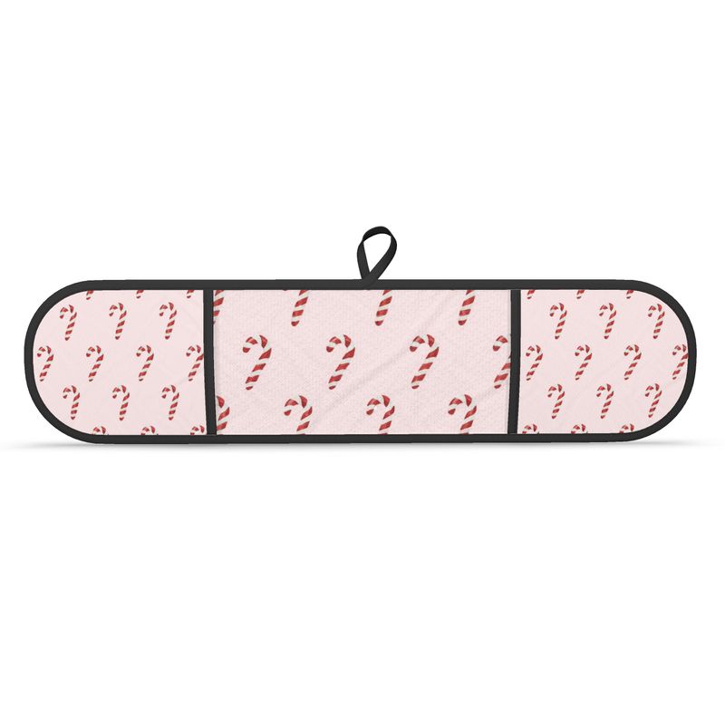Double Oven Gloves with Pink Christmas Candy Cane Design - Festive Kitchen Decor