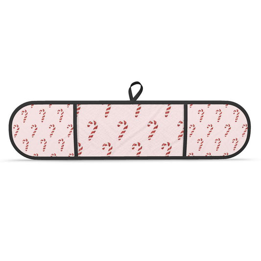 Double Oven Gloves with Pink Christmas Candy Cane Design - Festive Kitchen Decor