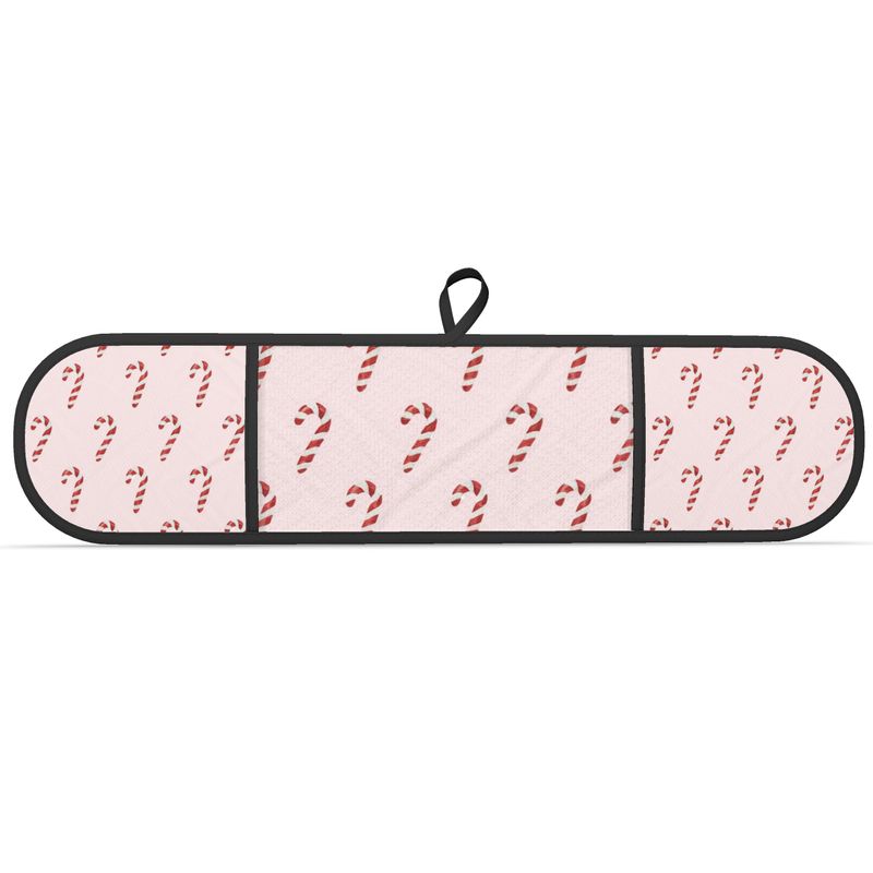 Double Oven Gloves with Pink Christmas Candy Cane Design - Festive Kitchen Decor