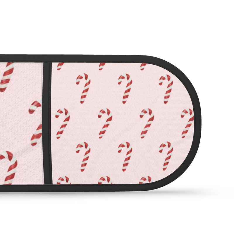 Double Oven Gloves with Pink Christmas Candy Cane Design - Festive Kitchen Decor