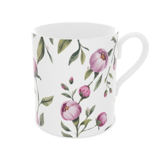 Pink Peony Floral Fine Bone China Mug - Elegant Tea Cup Gift