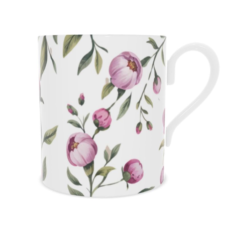Pink Peony Floral Fine Bone China Mug - Elegant Tea Cup Gift