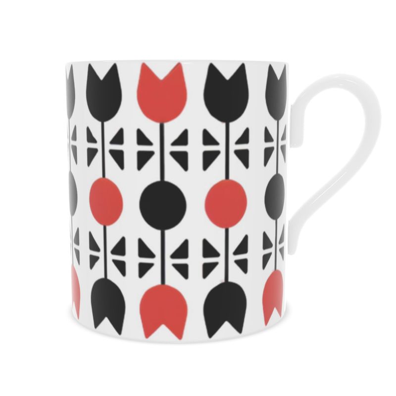 Elegant Black and Red Geometric Mug - Fine Bone China Drinkware