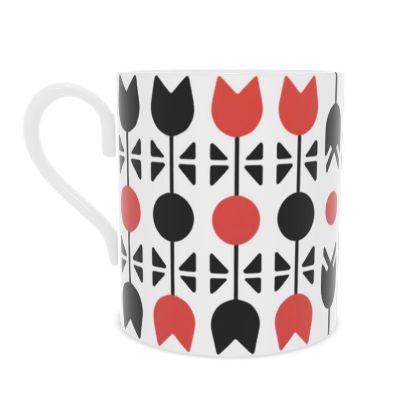 Elegant Black and Red Geometric Mug - Fine Bone China Drinkware