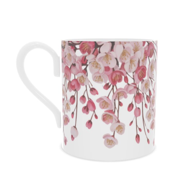 Fine Bone China Mug with Pink Cherry Blossoms - Beautiful Floral Design