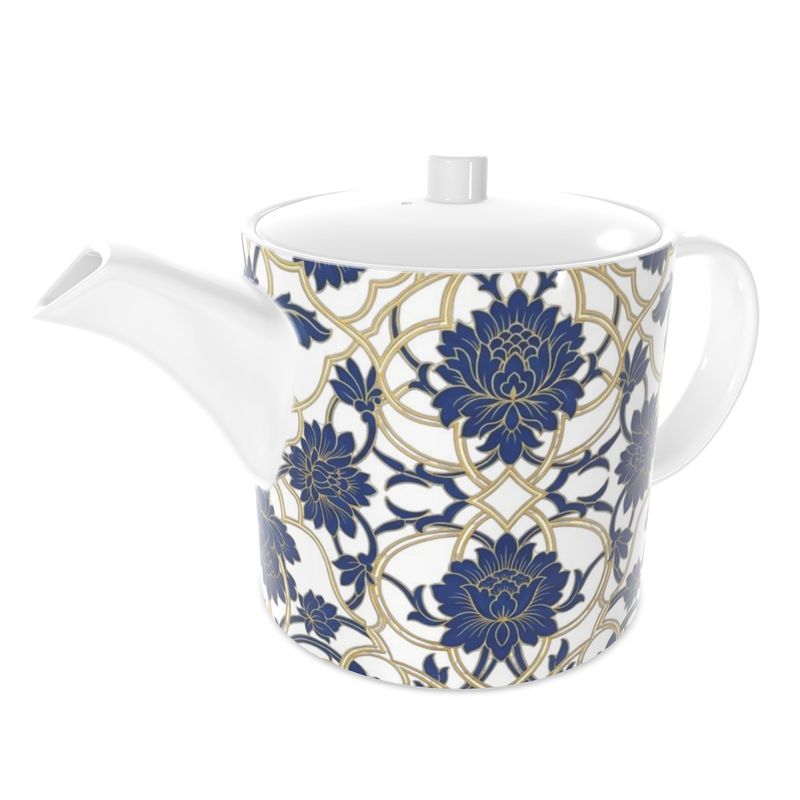 Elegant Blue & Gold Bone China Tea Pot for Tea Lovers