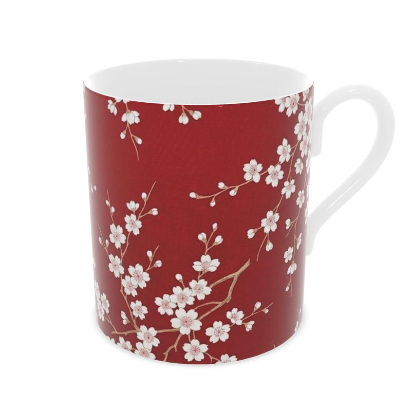 Exquisite Red Cherry Blossom Mug - Fine Bone China Drinkware