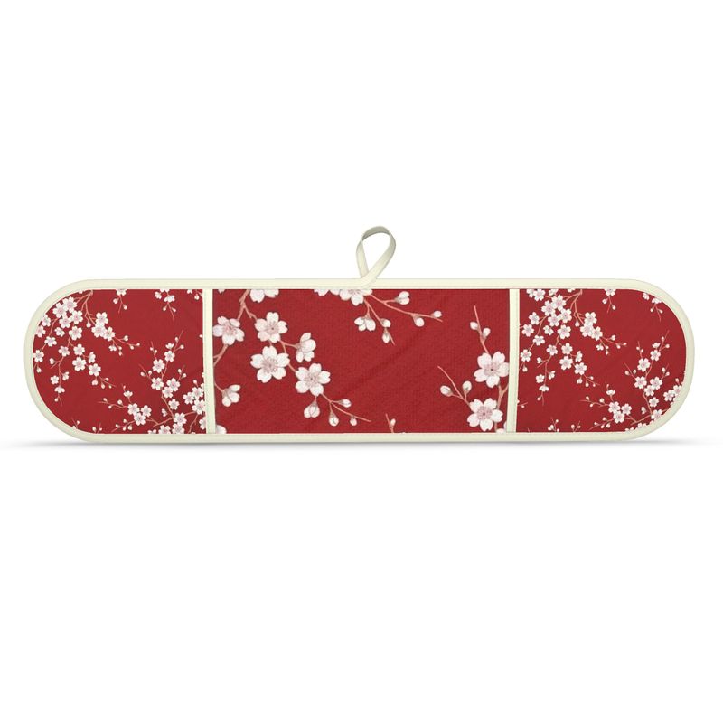 Vibrant Red Cherry Blossom Double Oven Gloves for Cooking & Baking