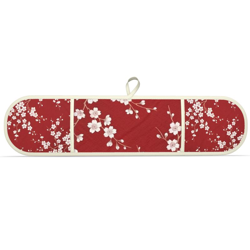 Vibrant Red Cherry Blossom Double Oven Gloves for Cooking & Baking