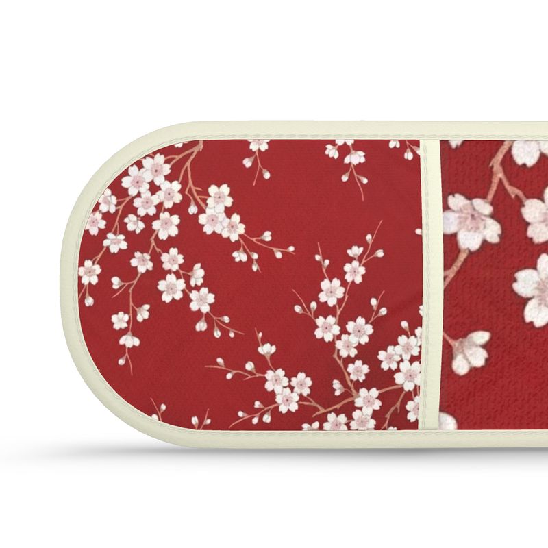 Vibrant Red Cherry Blossom Double Oven Gloves for Cooking & Baking