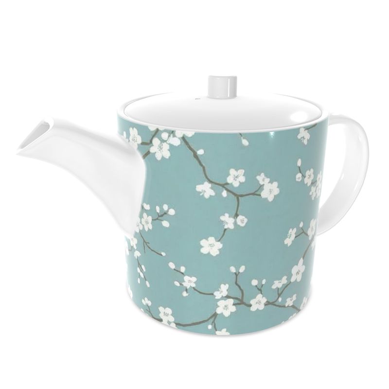 Blue Cherry Blossom Bone China Tea Pot - Elegant Floral Design