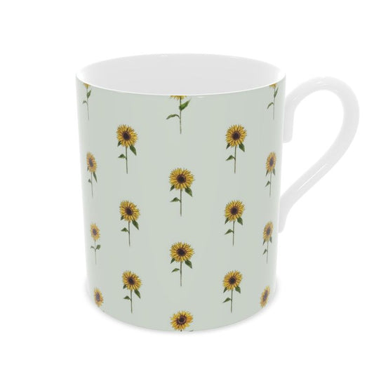 Sunflower Sage Green Fine Bone China Mug - Elegant Floral Coffee Cup