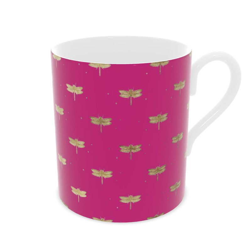 Delicate Dragonfly Design Fuchsia Fine Bone China Mug - Perfect for Tea Lovers