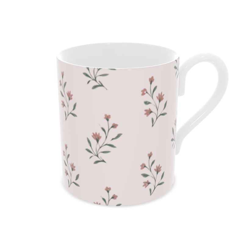 Cottage Garden Themed Fine Bone China Mug in Soft Pink