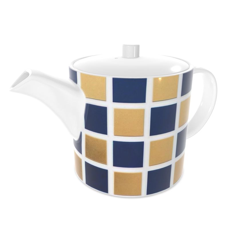 Elegant Capri Blue Gold Geometric Tea Pot in Bone China