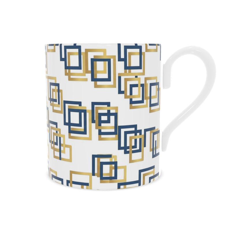 Capri Blue & Gold Geometric Fine Bone China Mug – Elegant Coffee Cup