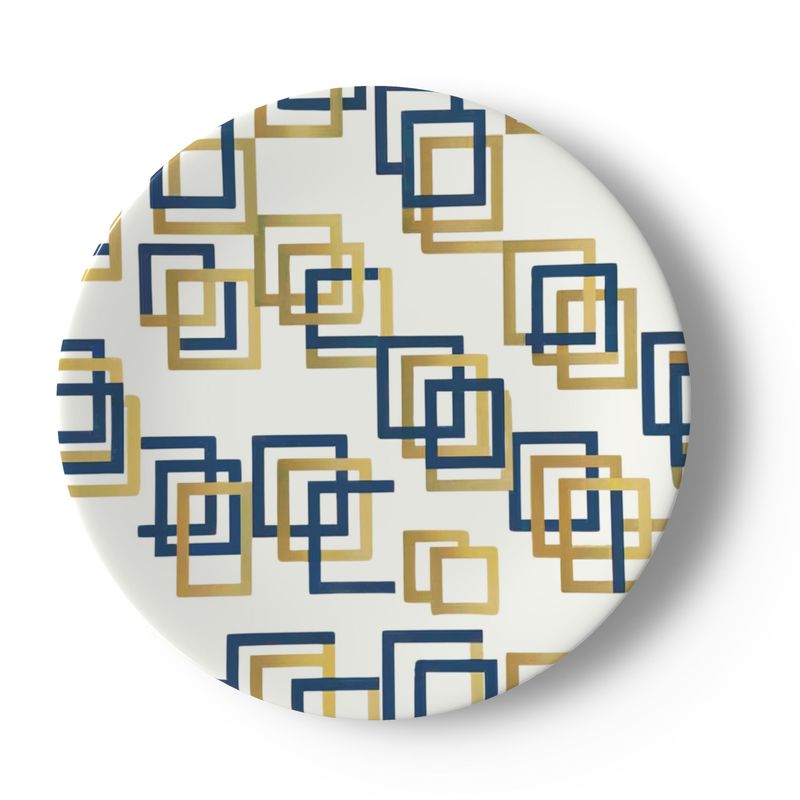 Stylish Gold and Capri Blue Geometric Bone China Plate | Unique Tableware