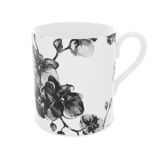 Noir Orchid Fine Bone China Mug | Elegant Floral Coffee Cup