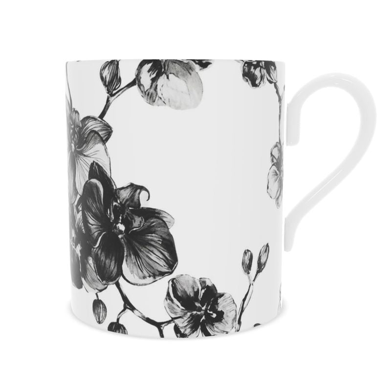 Noir Orchid Fine Bone China Mug | Elegant Floral Coffee Cup