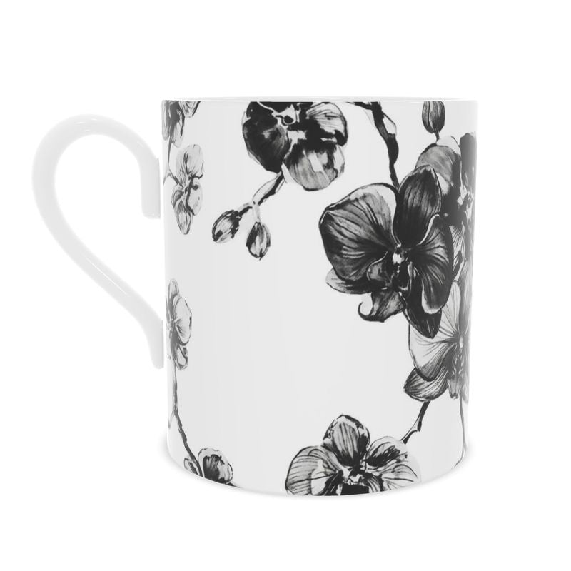 Noir Orchid Fine Bone China Mug | Elegant Floral Coffee Cup